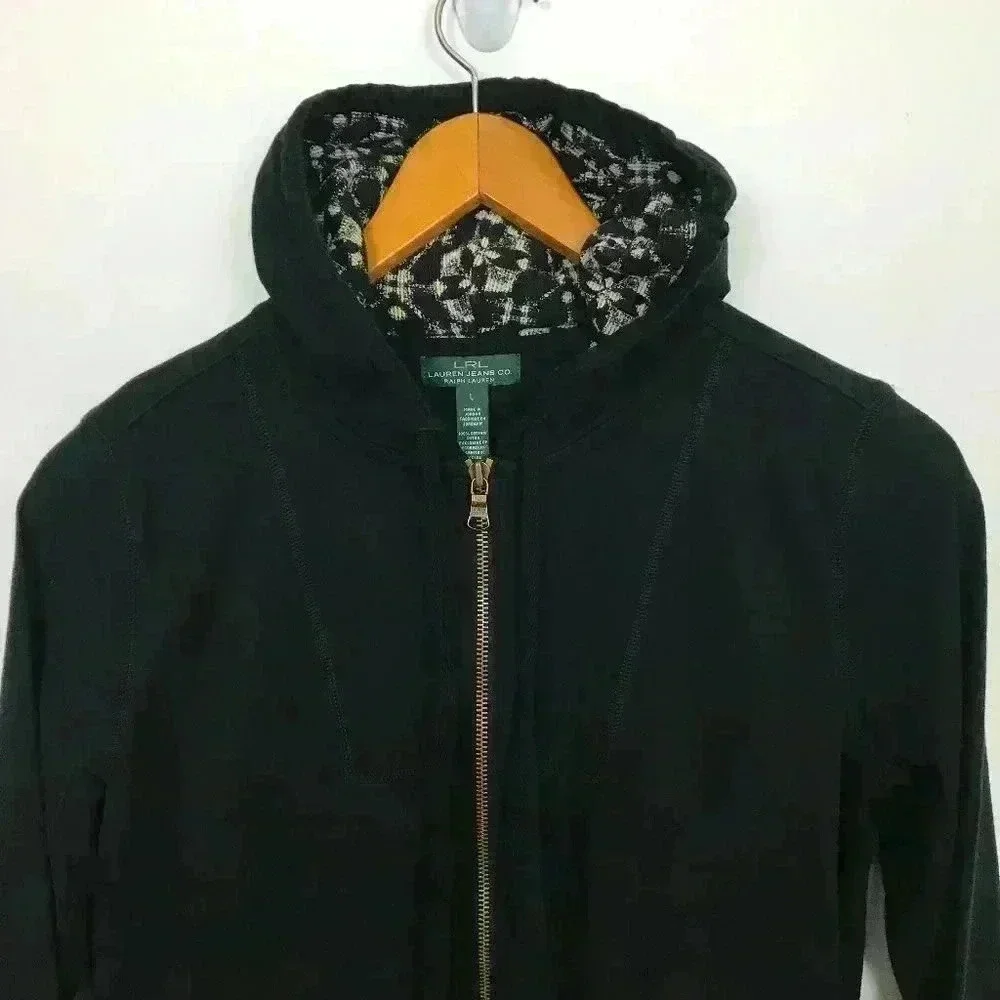 LRL Lauren Jeans Women Large Black Tan Zip Jacket - Picture 3 of 8